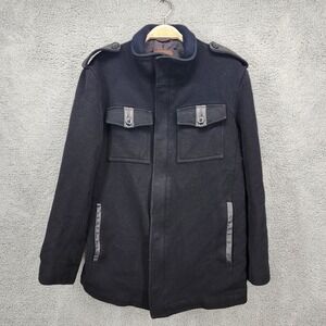 Cole‎ Haan Mens Size Medium Wool Blend Military Jacket Lambskin Trim Black Coat